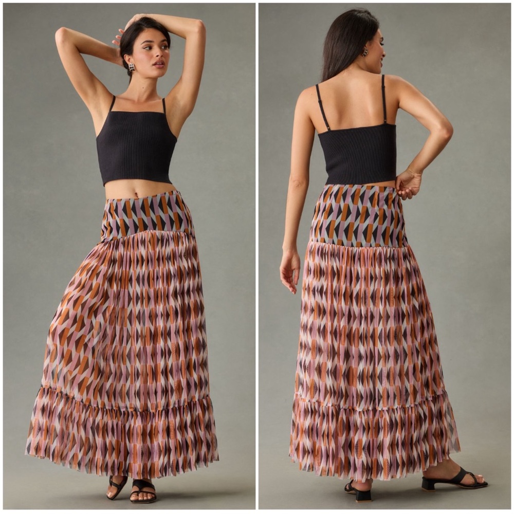 LET ME BE by ANTHROPOLOGIE Women Size S Geometric Print Drop-Waist Flounce Skirt